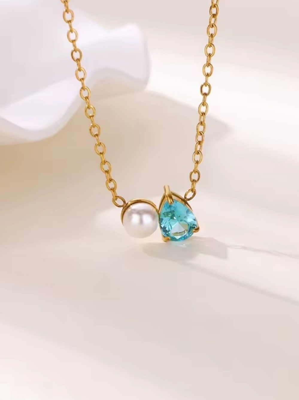 18 KT Gold Over Titanium Pearl Aqua Teardrop Necklace